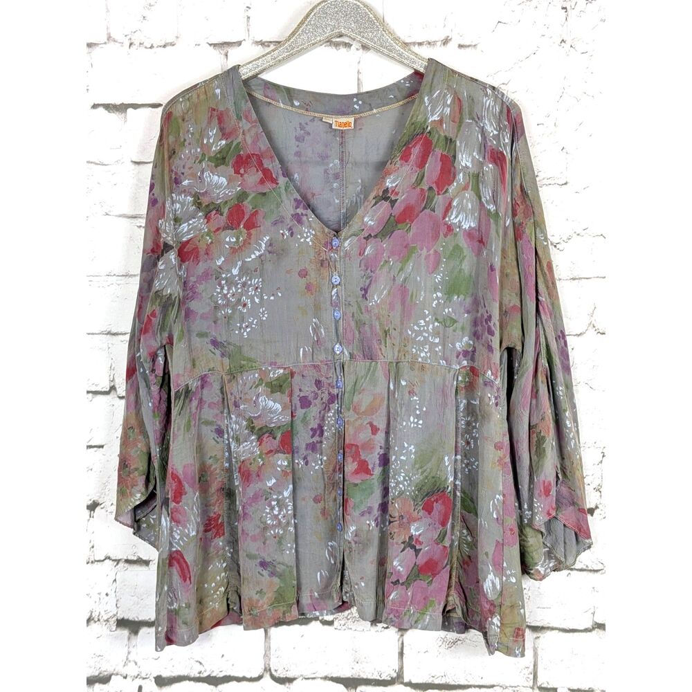 TIANELLO Marni Blouse Button-Front Tunic Floral Boho Bell Sleeve Romantic Medium